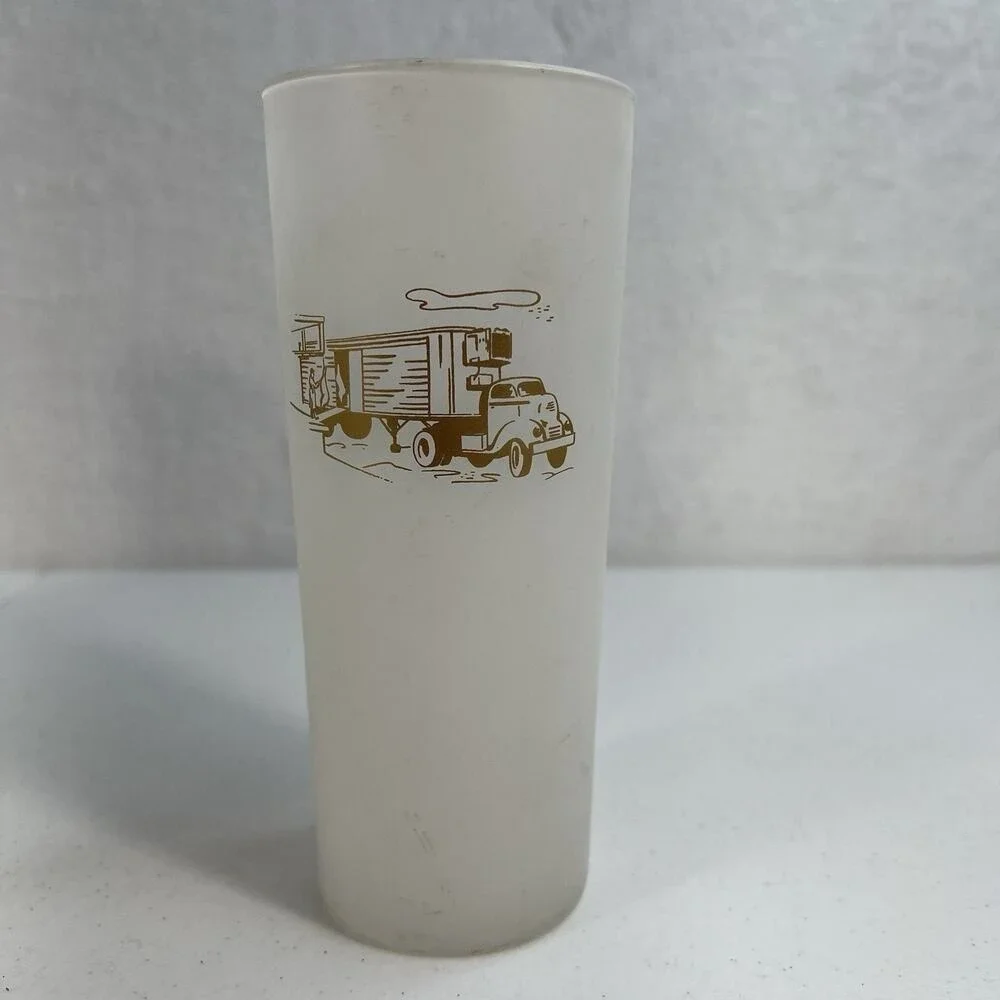 Vintage Rare Lot 6 Glass Frosted White Gold Etching Semi Trailer Crane Big Rig‎